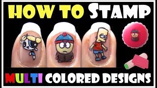 HOW TO STAMP MULTI COLORED DESIGNS  KONAD STAMPING NAIL ART TUTORIAL CARTOON EASY [upl. by Yenitirb482]