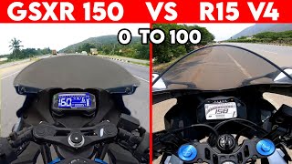 GSXR 150 VS R15 V4  0 TO 100  TOPSPEED BATTLE [upl. by Ornstead]